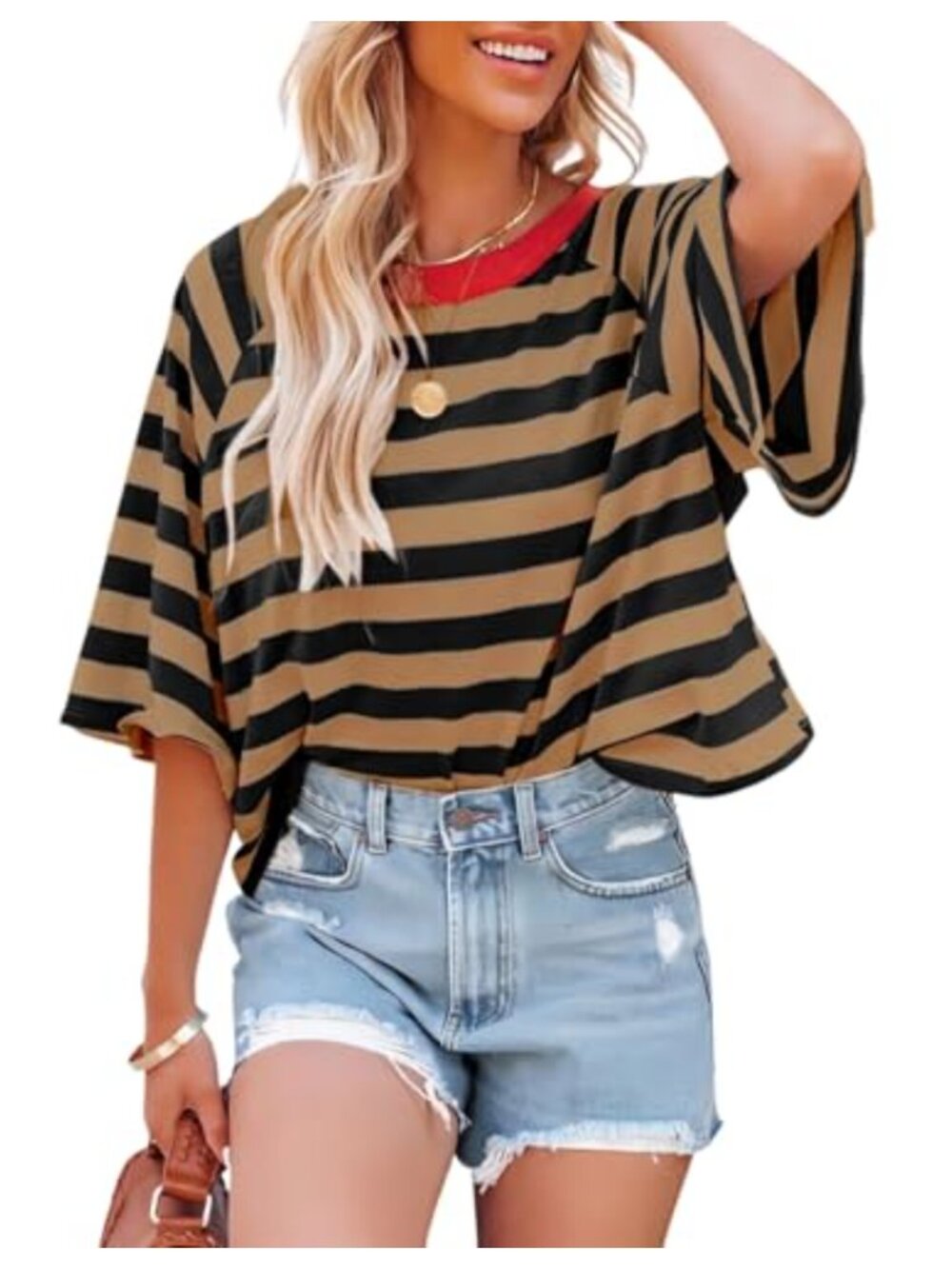 Women's Striped V-Neck Short Sleeve T-Shirt Loose Fit Casual Tee